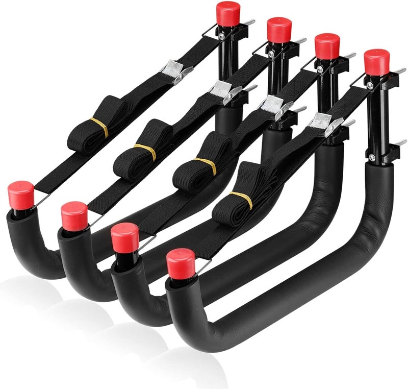 Naikozmo Kayak Storage Racks, 15.3 Inch Wall Mount Garage Storage Hooks for Kayaks, SUP, Paddle Boards and Surfboards, Heavy Duty Hangers with Lashing Straps, 100 LB Capacity, Black + Red - Image 1